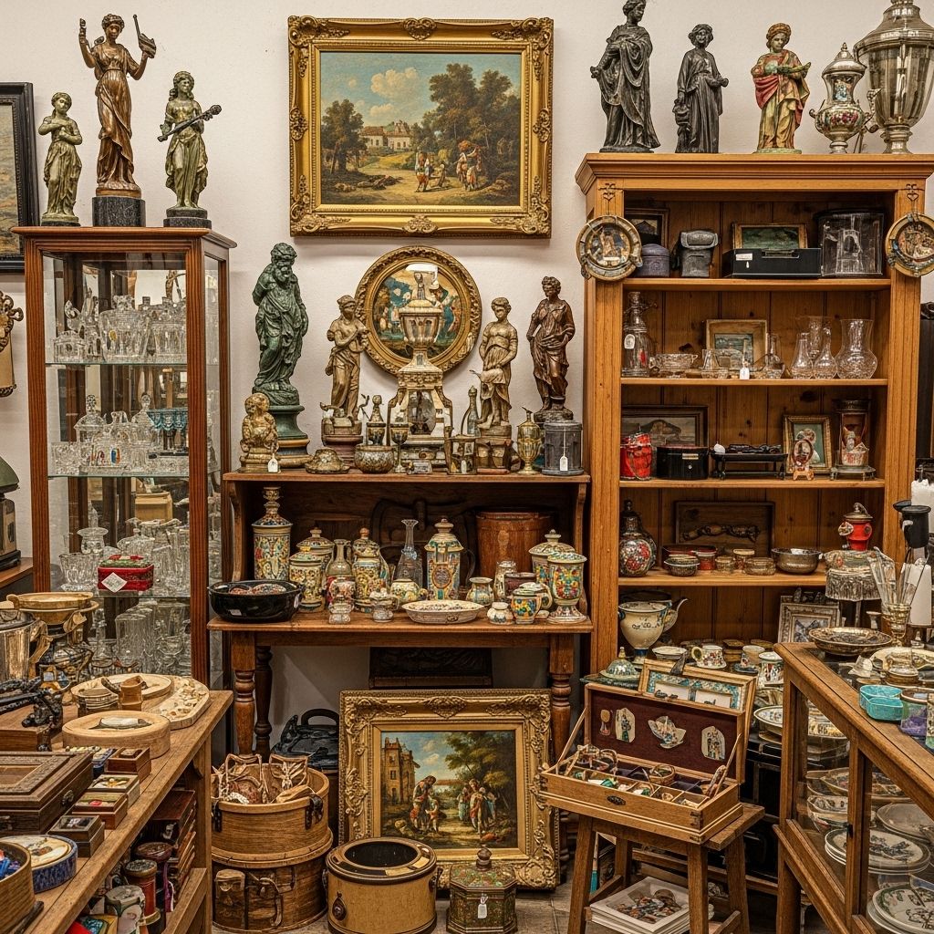 Un magasin d'antiquités rempli d'objets d'art et de curiosités, incluant des sculptures en bronze, des tableaux encadrés, de la verrerie fine dans une vitrine, des céramiques décoratives, et divers bibelots exposés sur des étagères en bois et des tables.