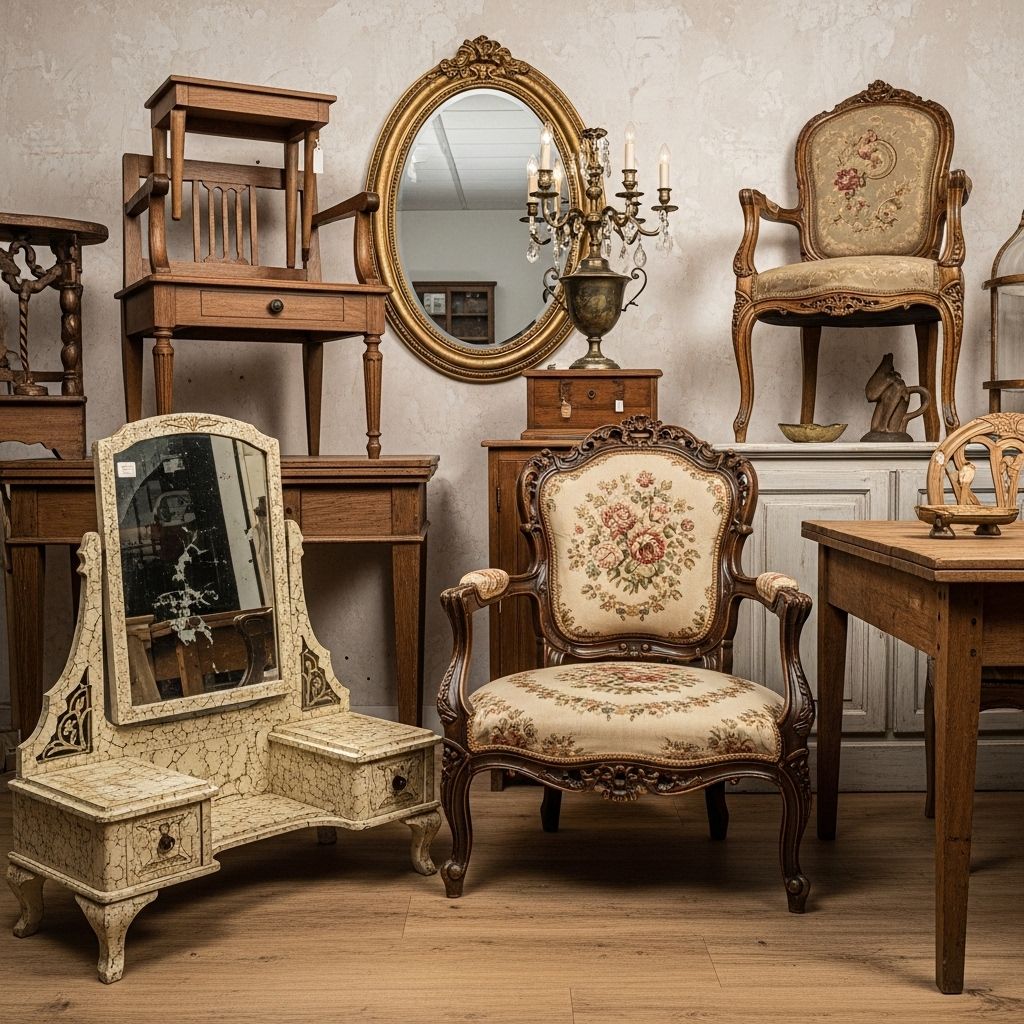 Une collection variée de meubles anciens et vintage dans un intérieur élégant, incluant une coiffeuse craquelée, des chaises ornées de tapisseries florales, une table d'appoint en bois et un grand miroir doré ovale reflétant un lustre. La scène évoque des styles allant du Louis XV à l'Art Déco, avec des objets en bois sombre et clair.