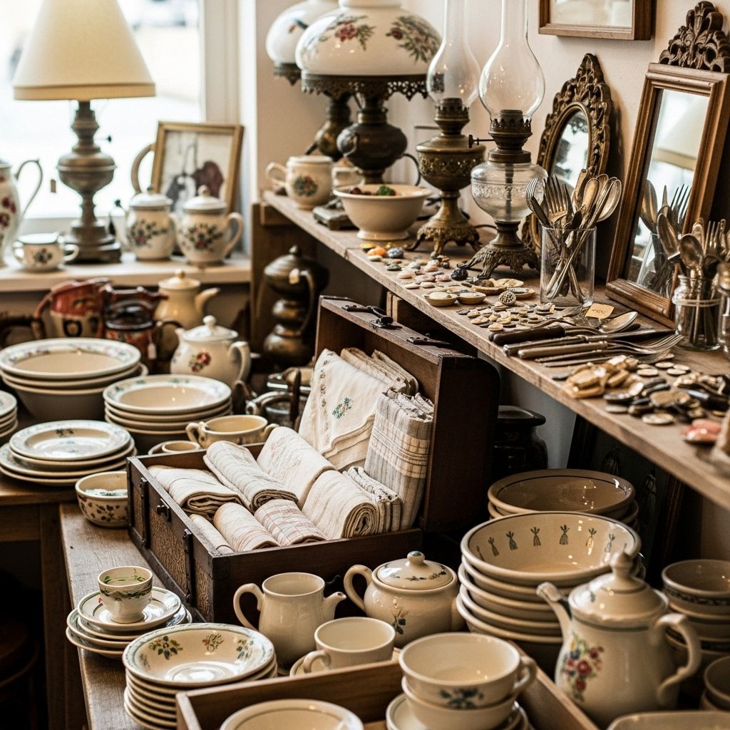 Une étagère et une table en bois remplies d'objets de brocante et de décoration, incluant des piles de vaisselle ancienne aux motifs floraux, des services à thé, des lampes vintage, des miroirs ornés, des couverts en argent, et une boîte ouverte remplie de linge ancien plié.